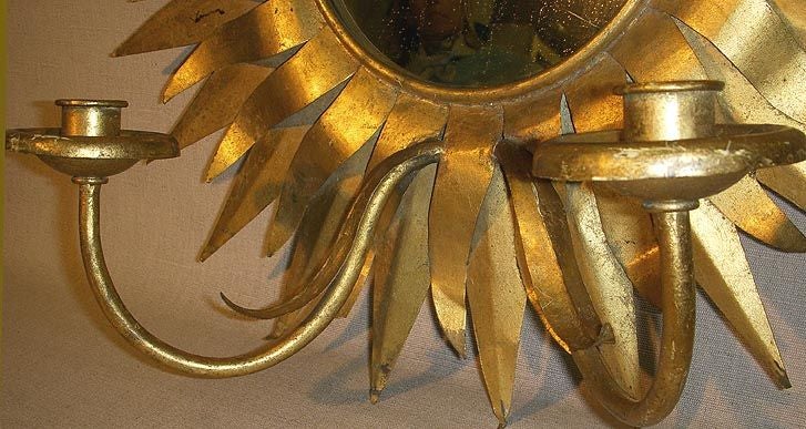 Mid-20th Century Pair Gilt Tole Mirrored Sunflower Sconces, Mid 20th Century