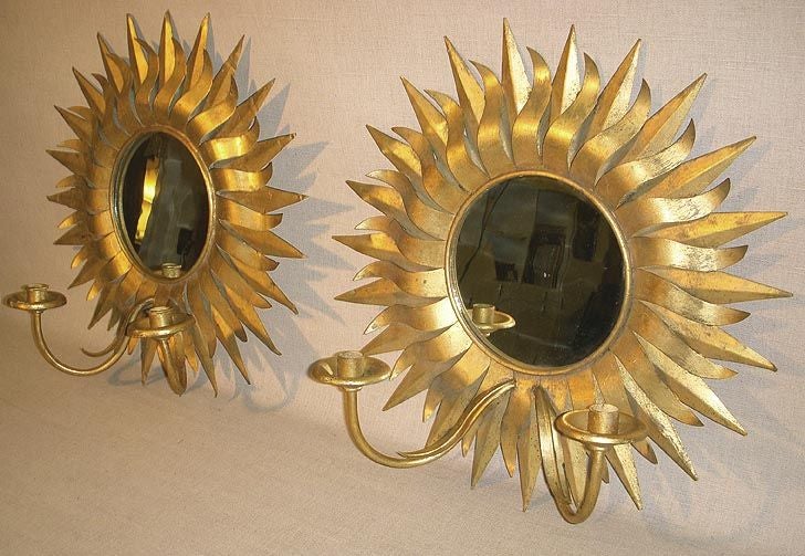 Pair Gilt Tole Mirrored Sunflower Sconces, Mid 20th Century 2