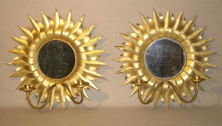 Pair Gilt Tole Mirrored Sunflower Sconces, Mid 20th Century 3