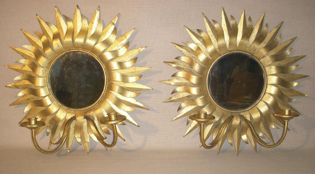 Pair Gilt Tole Mirrored Sunflower Sconces, Mid 20th Century 4