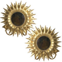 Pair Gilt Tole Mirrored Sunflower Sconces, Mid 20th Century