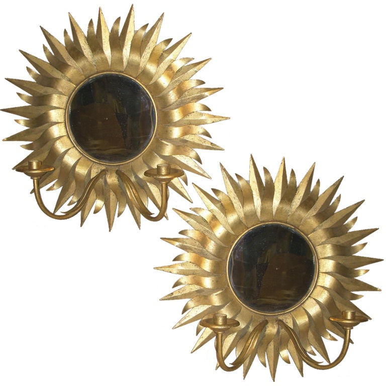 Pair Gilt Tole Mirrored Sunflower Sconces, Mid 20th Century