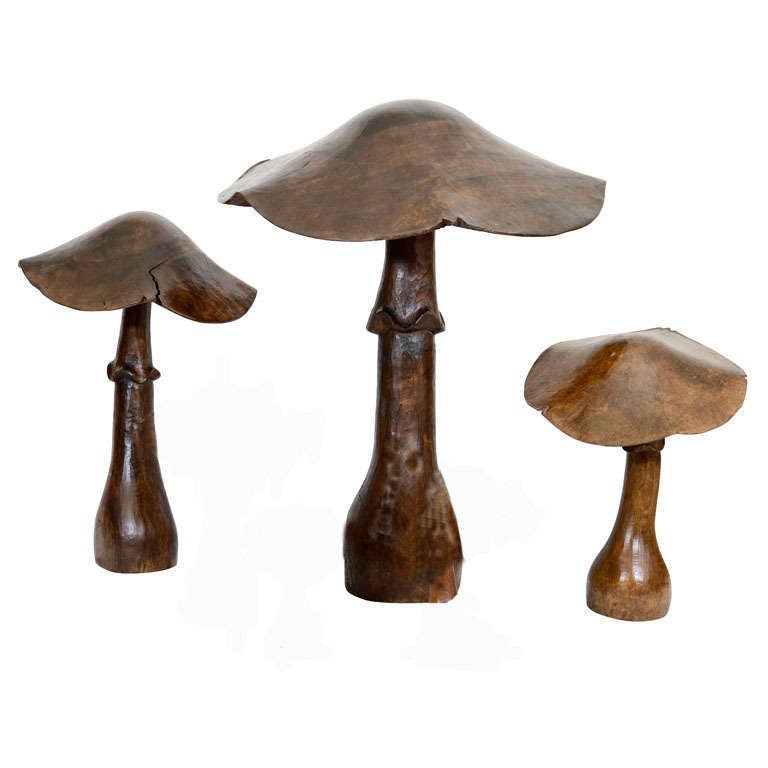 Collection of 3 Wooden Mushroom Sculptures, France