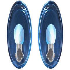 Pair Vintage Cristal Arte Blue 
Frosted Glass Oval Sconces, c. 1960
s