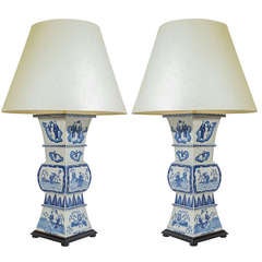 Pair Large Vintage Blue & White Chinese Vase Lamps, 20th Century