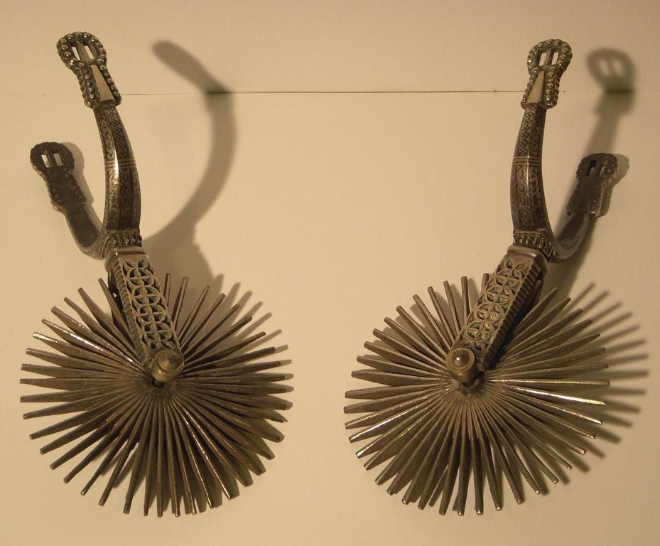 20th Century Pair Incised Silver Metal Spurs, Latin America, Late 19th Century