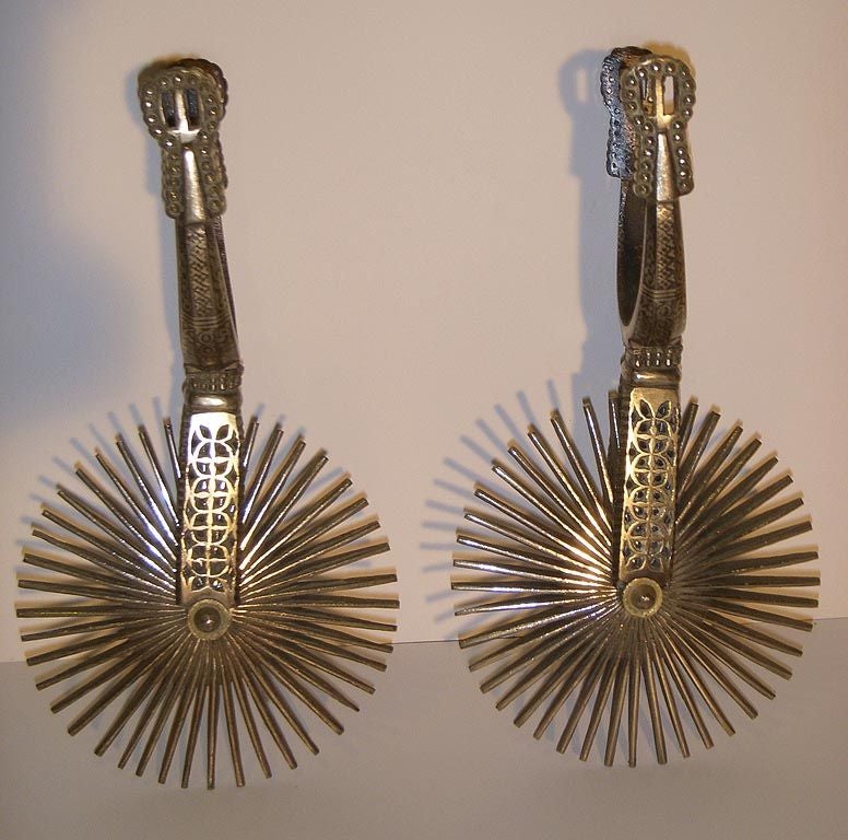 Pair Incised Silver Metal Spurs, Latin America, Late 19th Century 3