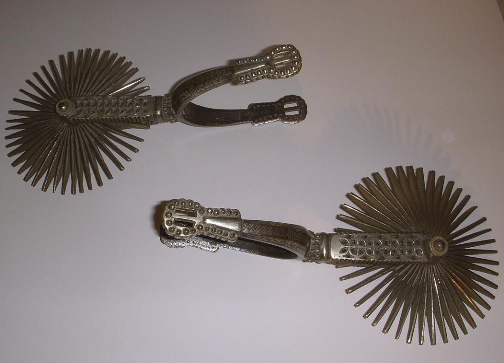 Pair Incised Silver Metal Spurs, Latin America, Late 19th Century 4