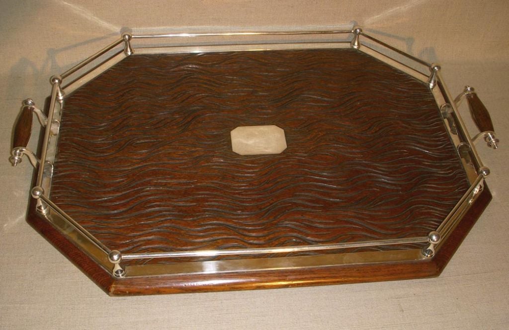 Carved Oak & Silverplate Galleried Drinks Tray, England, 19th Century 3