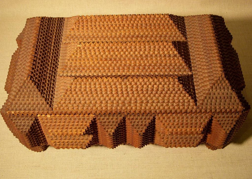 Large Alsatian Tramp Art Box in Chip-Carved Geometrical Shapes. Interior Lined with Original Faux Lizard Skin Paper. France, Late 19th Century.<br />
<br />
17 inches wide x 11 inches deep x 8 inches high