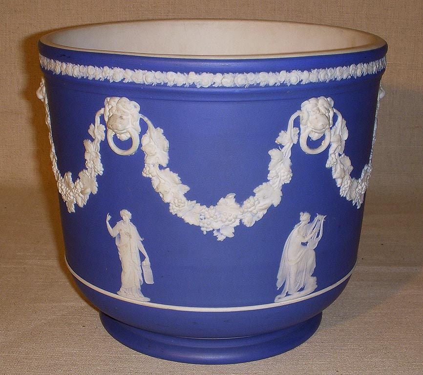 Dark Blue Ground Jasperware Wedgwood Cachepot; Decorated with Neoclassical Figures and Floral Swags; Impressed 