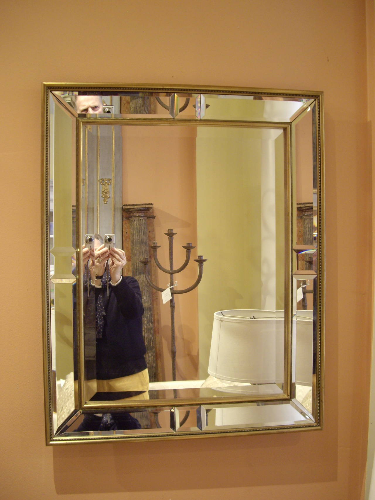 Very nice French 1970s gold double framed belveled gold mirror.