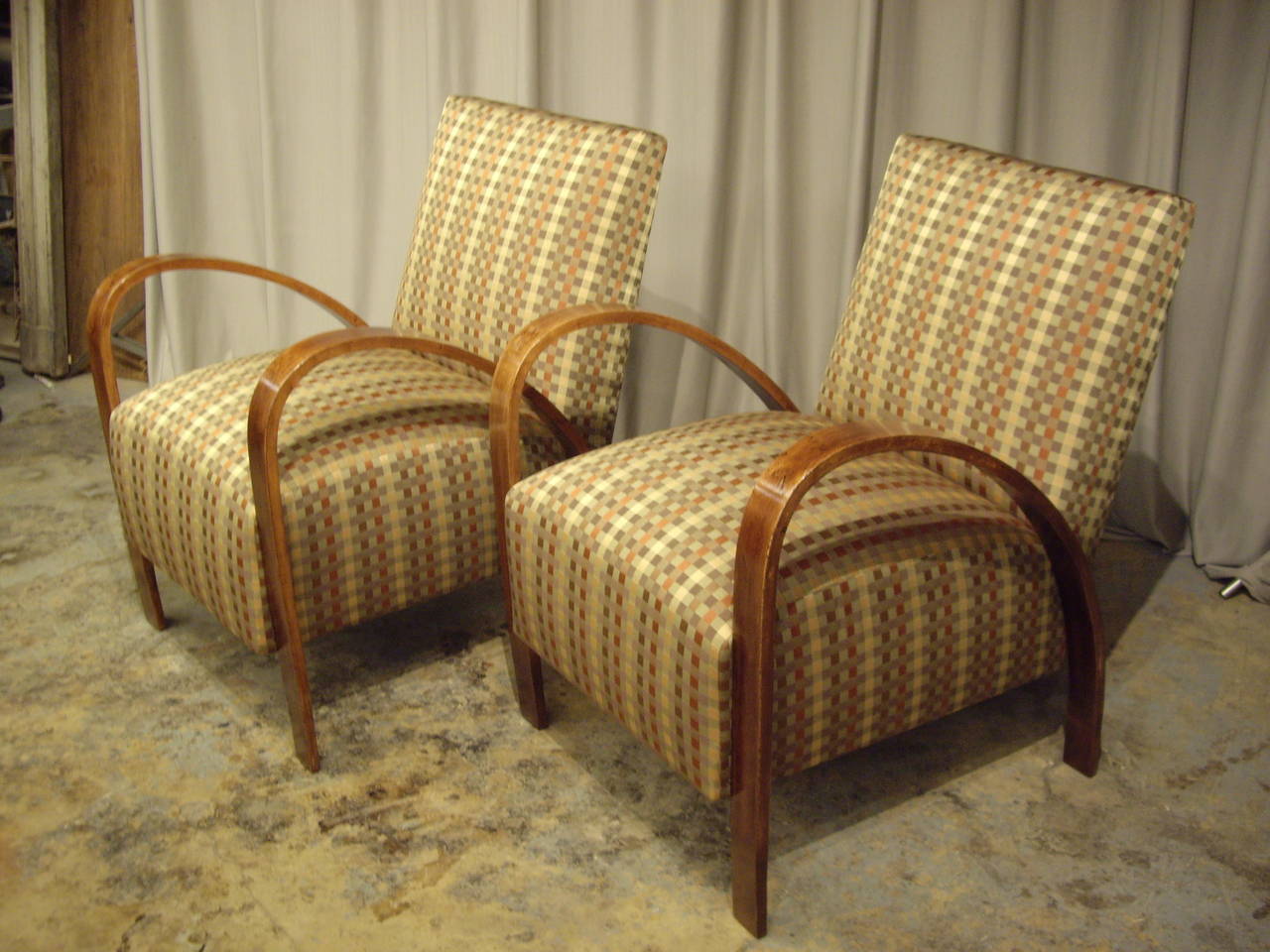 Pair of French walnut Art Deco 1930s armchairs. Beautifully restored with new upholstery.