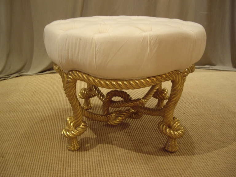 Beautiful quality twisted rope gilt tufted stool in the Napoleon III style.