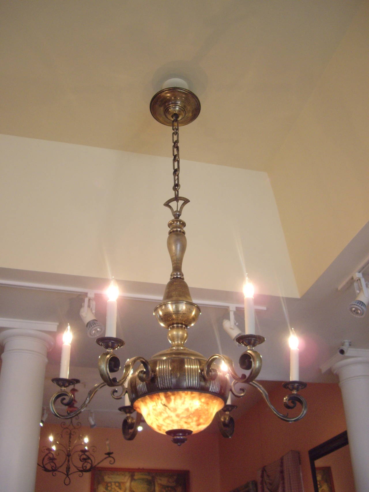1920s French Worn Brass and Alabaster Chandelier In Good Condition For Sale In New Orleans, LA