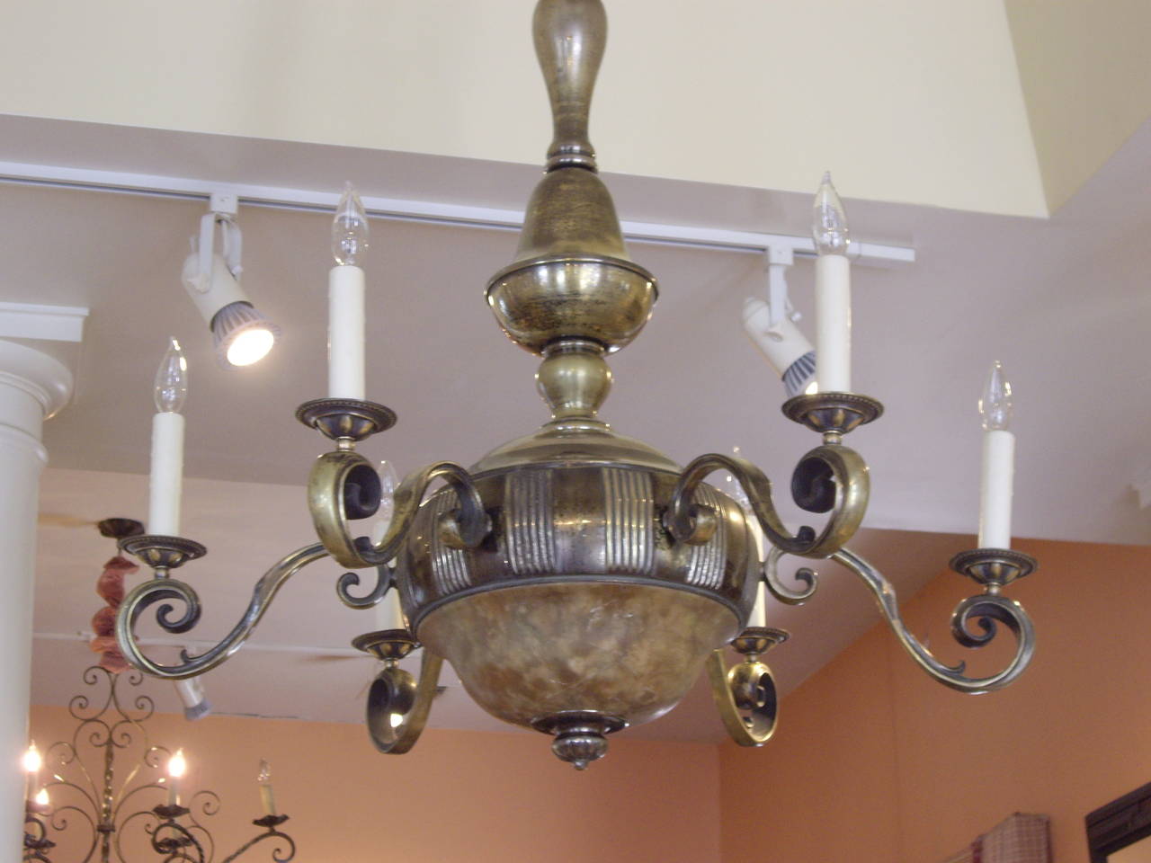 Early 20th Century 1920s French Worn Brass and Alabaster Chandelier For Sale