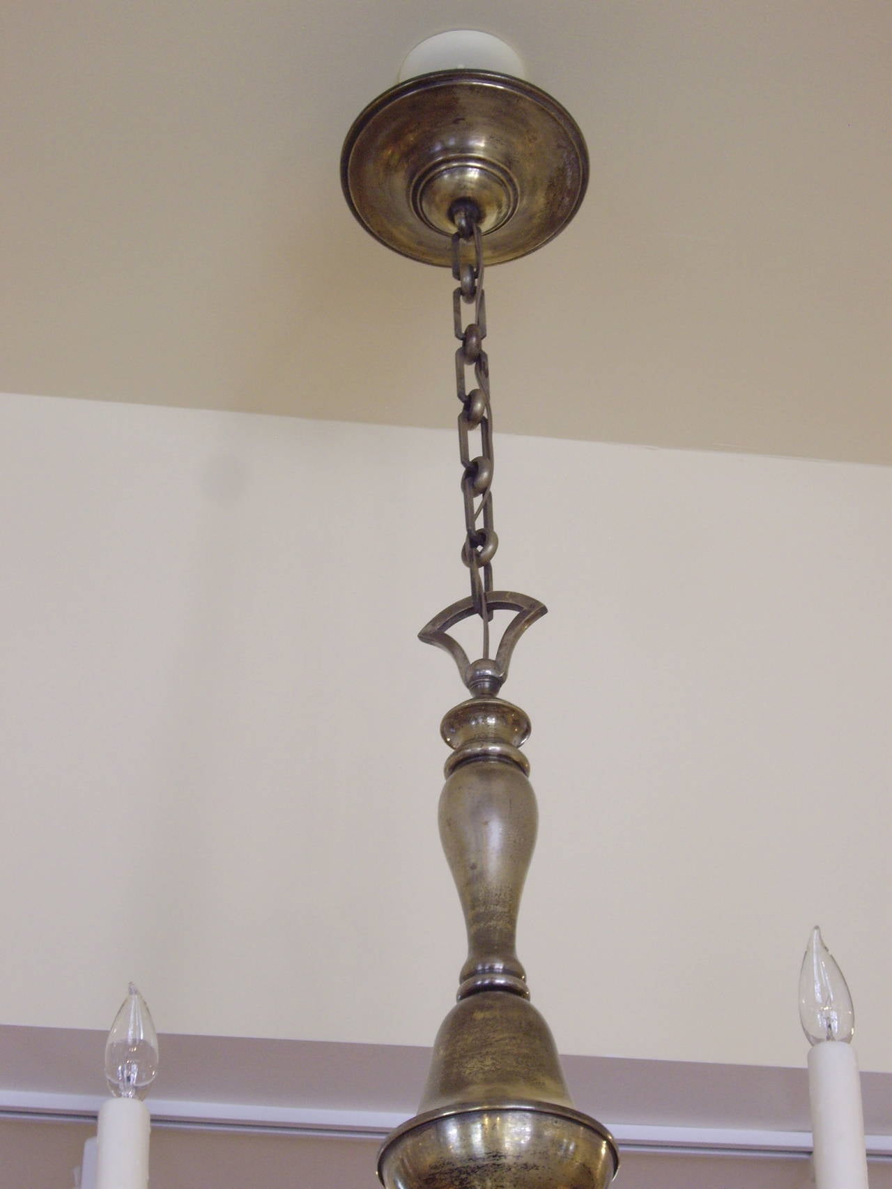 1920s French Worn Brass and Alabaster Chandelier For Sale 5