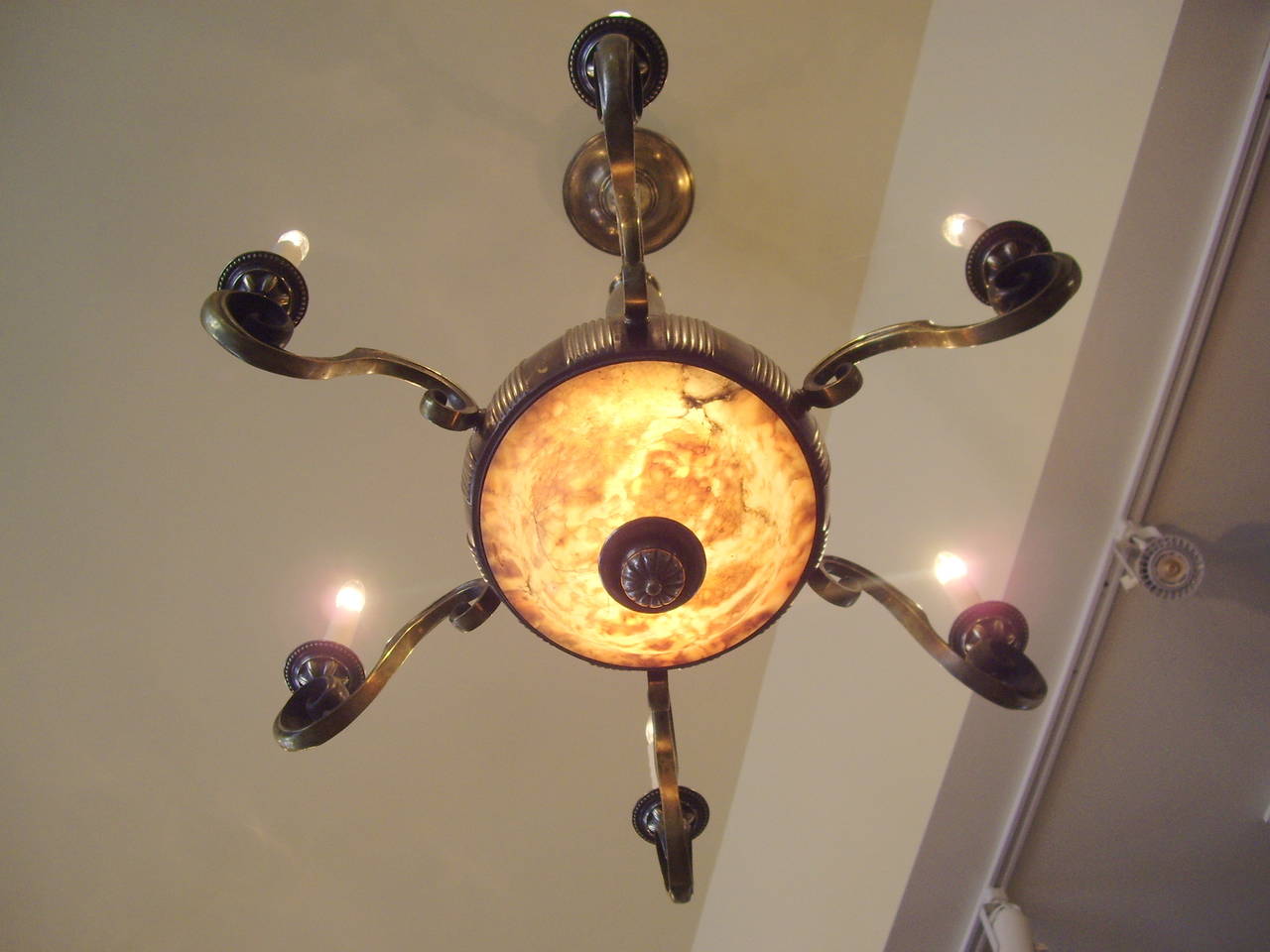 1920s French Worn Brass and Alabaster Chandelier For Sale 1