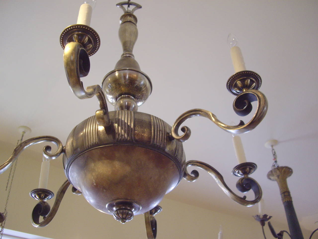 1920s French Worn Brass and Alabaster Chandelier For Sale 2