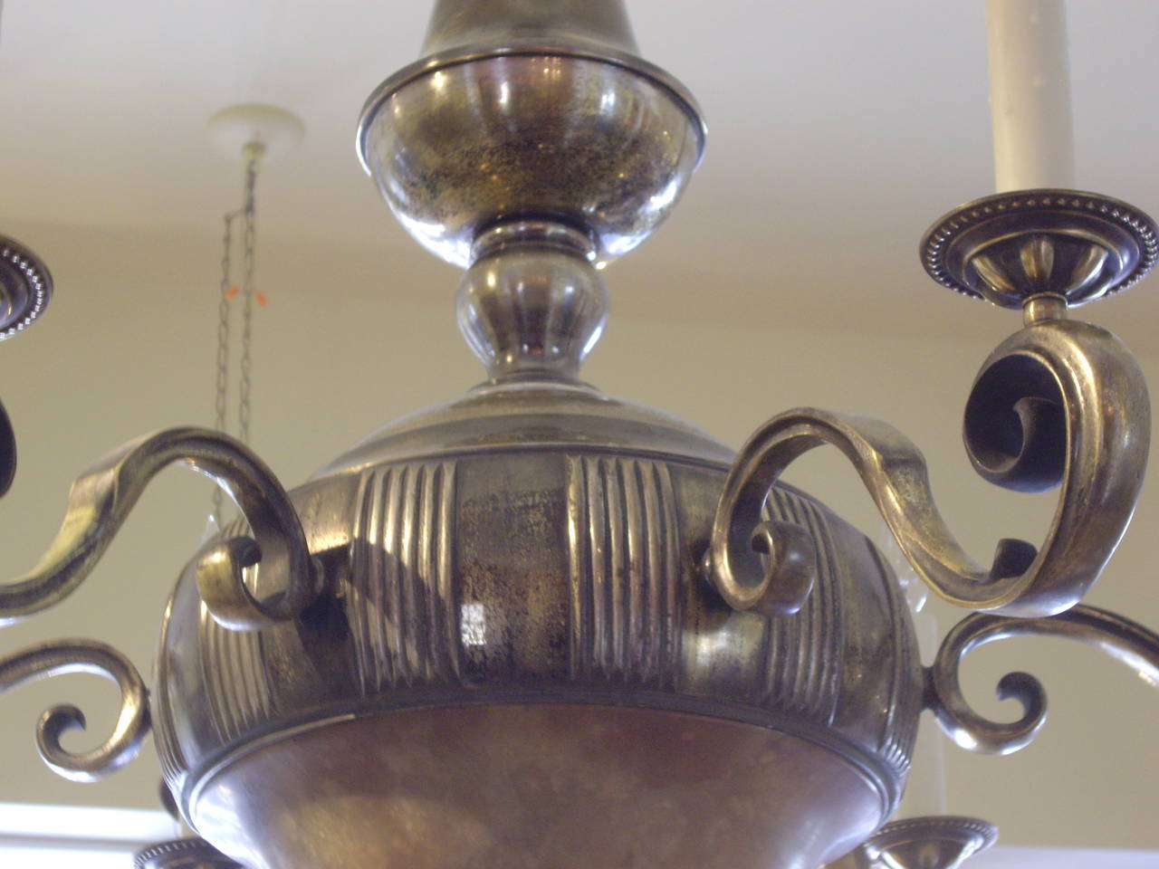 1920s French Worn Brass and Alabaster Chandelier For Sale 4