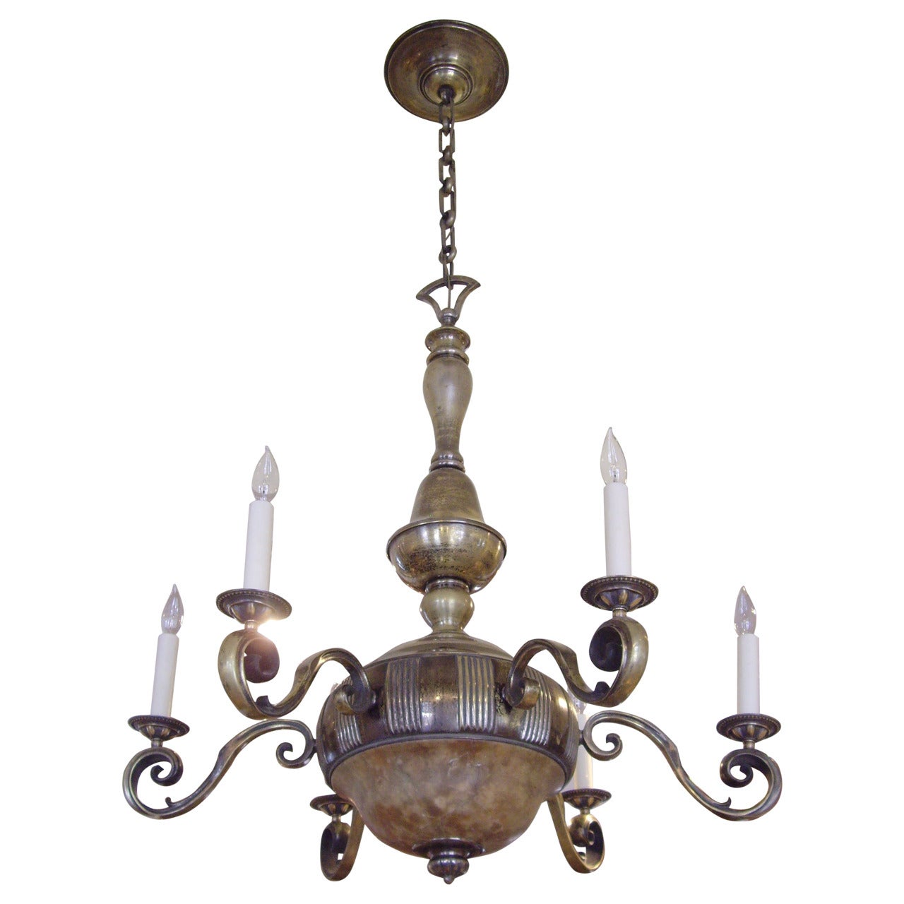 1920s French Worn Brass and Alabaster Chandelier For Sale