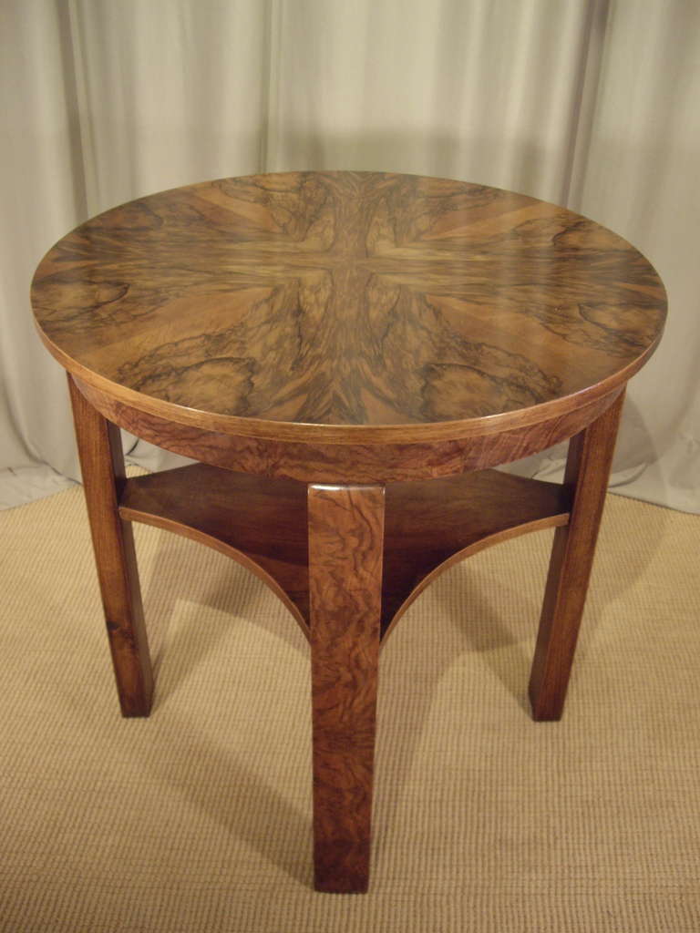 Hungarian 1930's Art Deco walnut round table. Beautifully restored. Very nice patina.