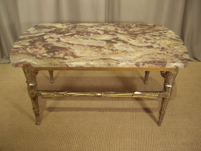 Beautifully carved silver and gold gilt bow and arrow Directorie' style 1920's marble top coffee table.