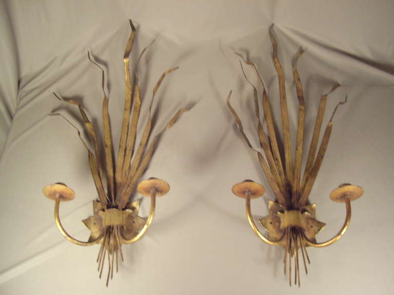 Pair Vintage Italian tole' wheat gilt sconces.