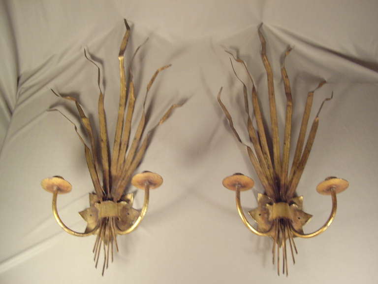 Country Pair of Vintage Tole Wheat Sconces