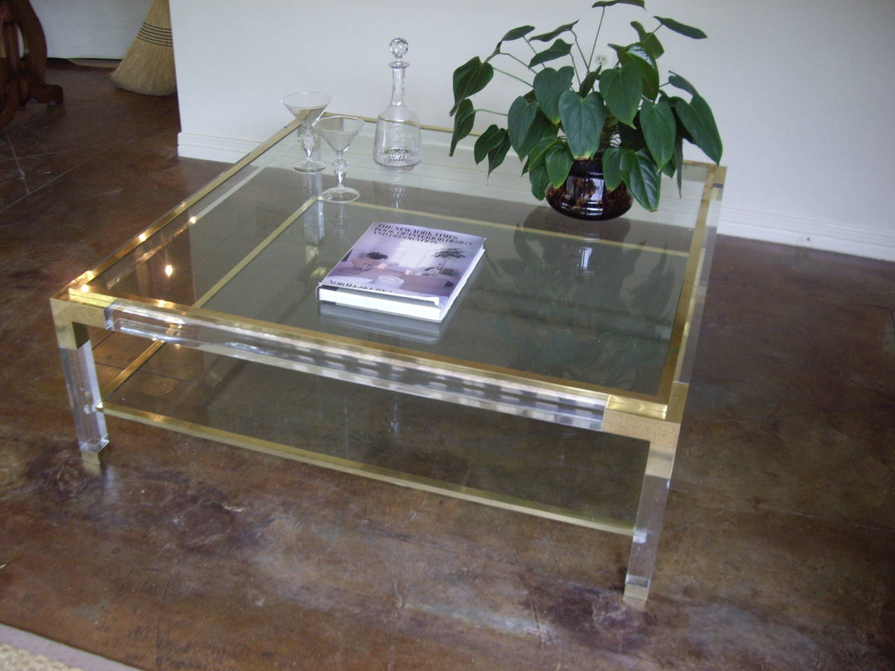 Vintage Brass, Lucite and Glass Square Coffee Table 1