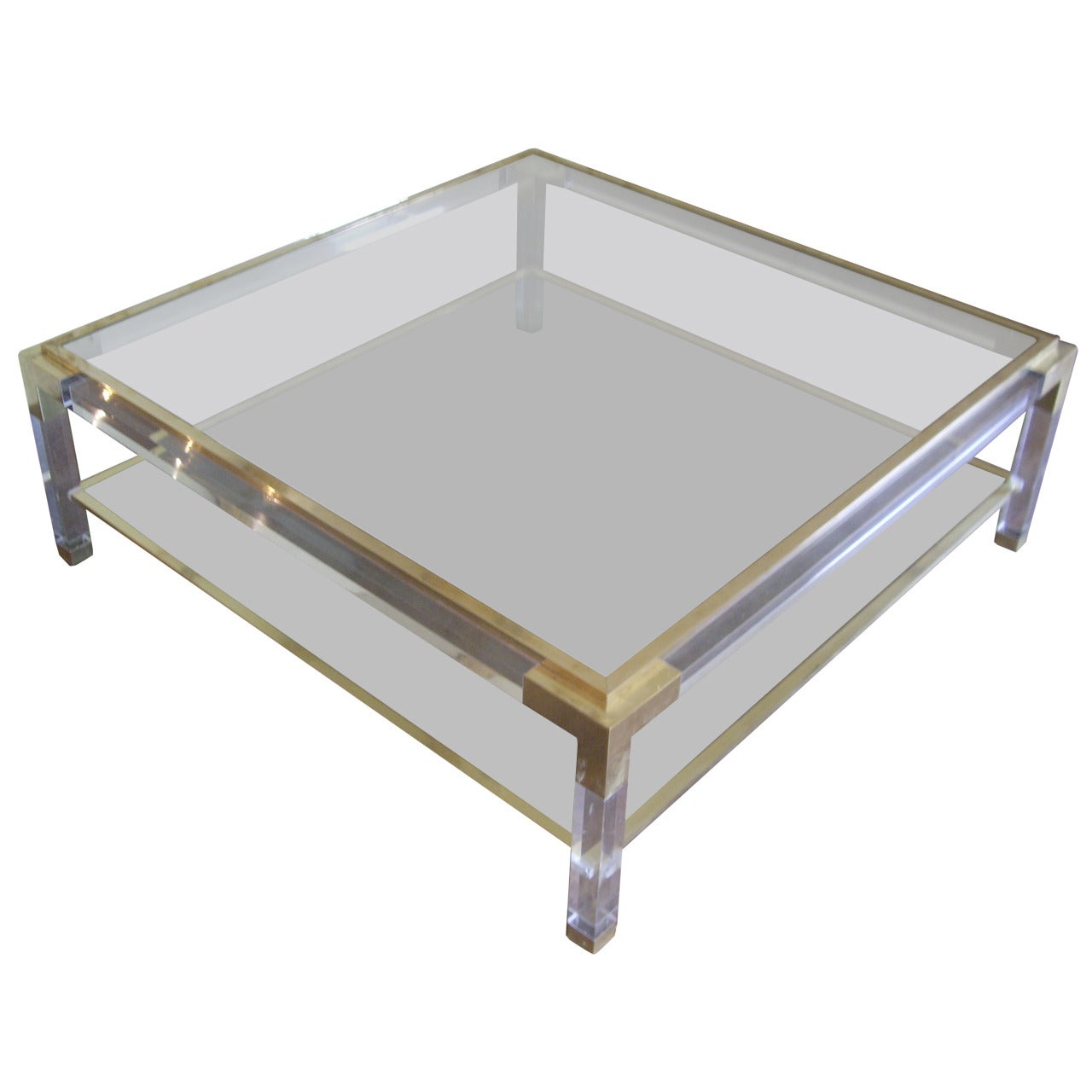 Vintage Brass, Lucite and Glass Square Coffee Table
