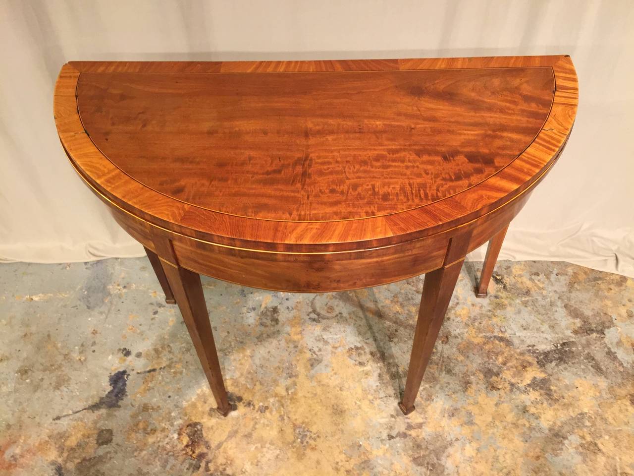 Beautifully restored Swedish Demi-lune table. Open shows off lovely beechwood top.  Can be used as a console or open as a round side table.