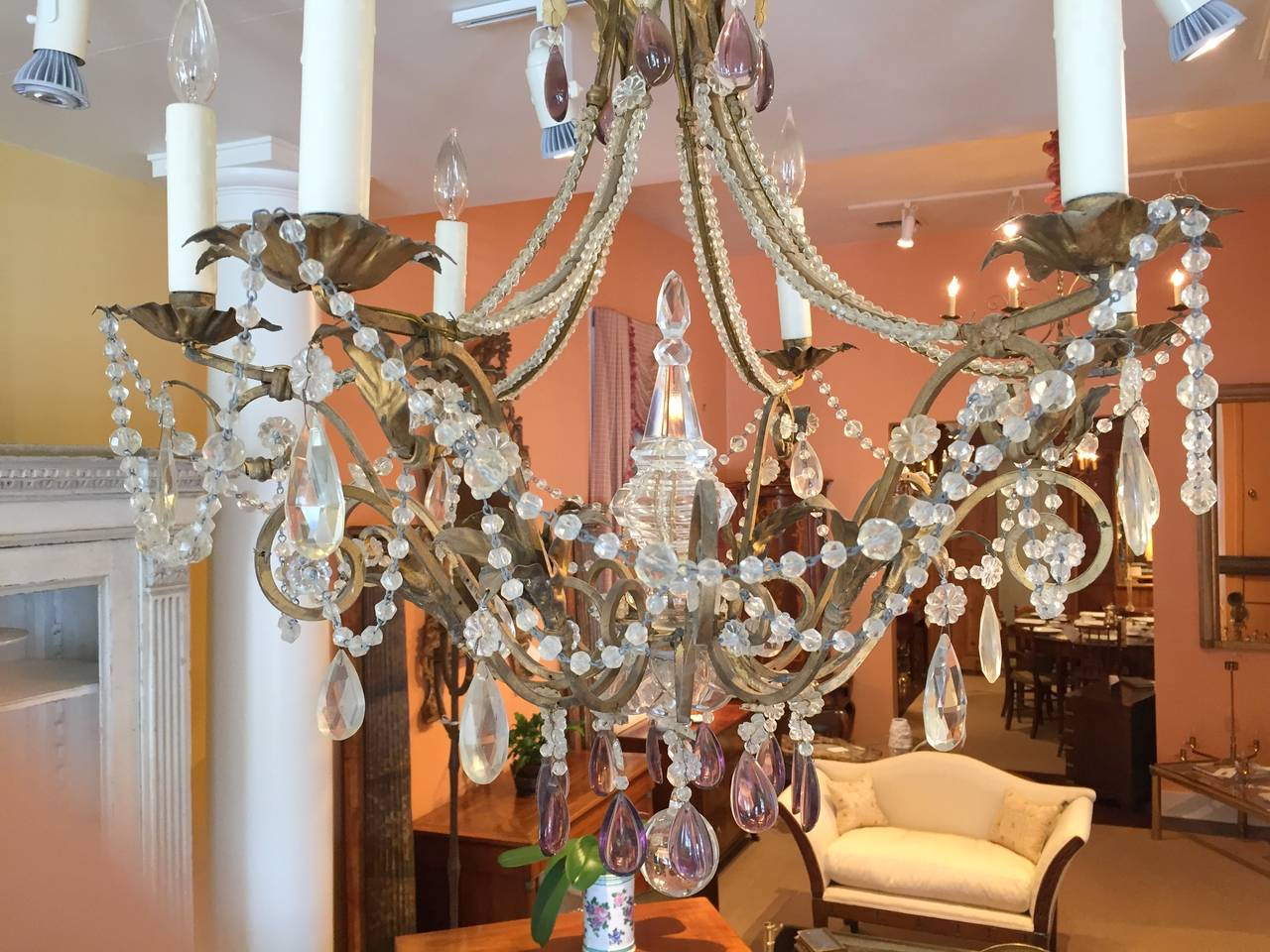 Very elegant Italian (Venice) gilt iron, tole and crystal six-light chandelier. Has been wired for U.S.