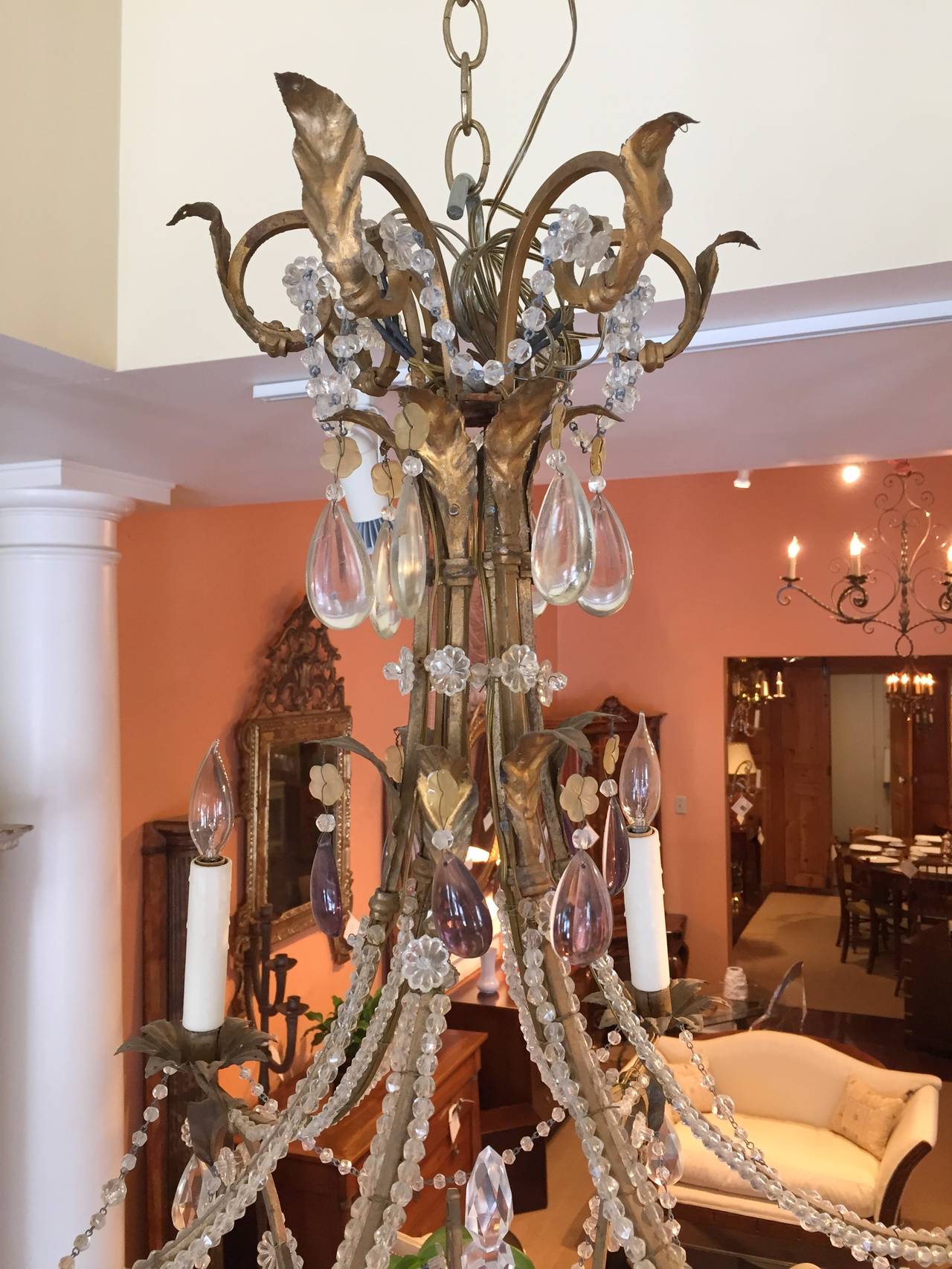 19th Century Italian Gilt Iron, Tole and Crystal Chandelier In Good Condition For Sale In New Orleans, LA