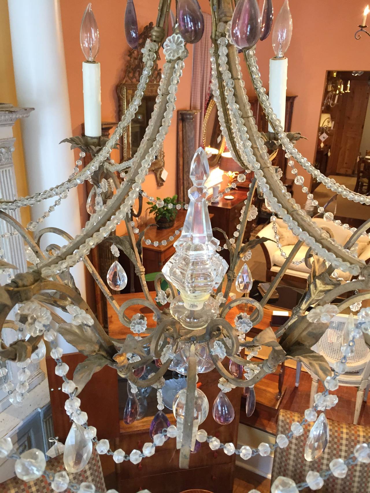 19th Century Italian Gilt Iron, Tole and Crystal Chandelier For Sale 1
