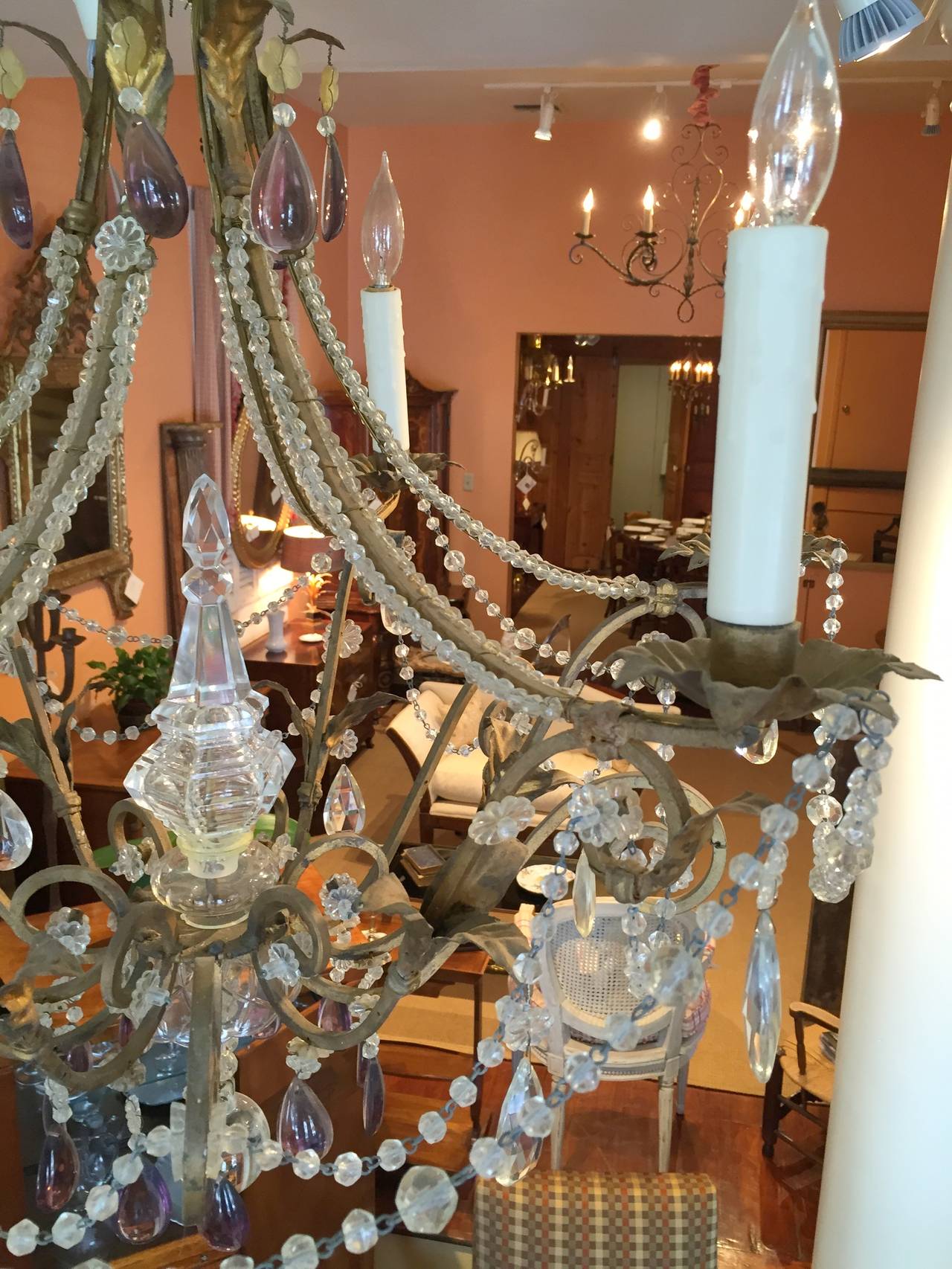 19th Century Italian Gilt Iron, Tole and Crystal Chandelier For Sale 2