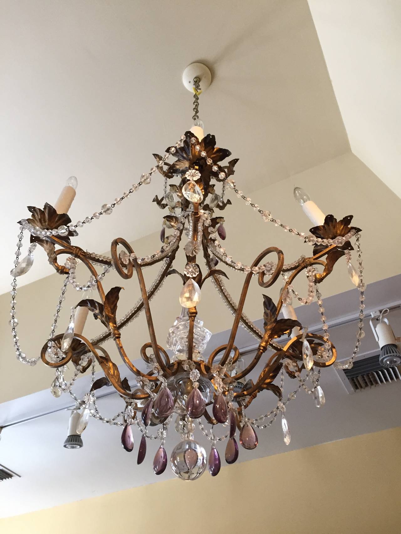 19th Century Italian Gilt Iron, Tole and Crystal Chandelier For Sale 4