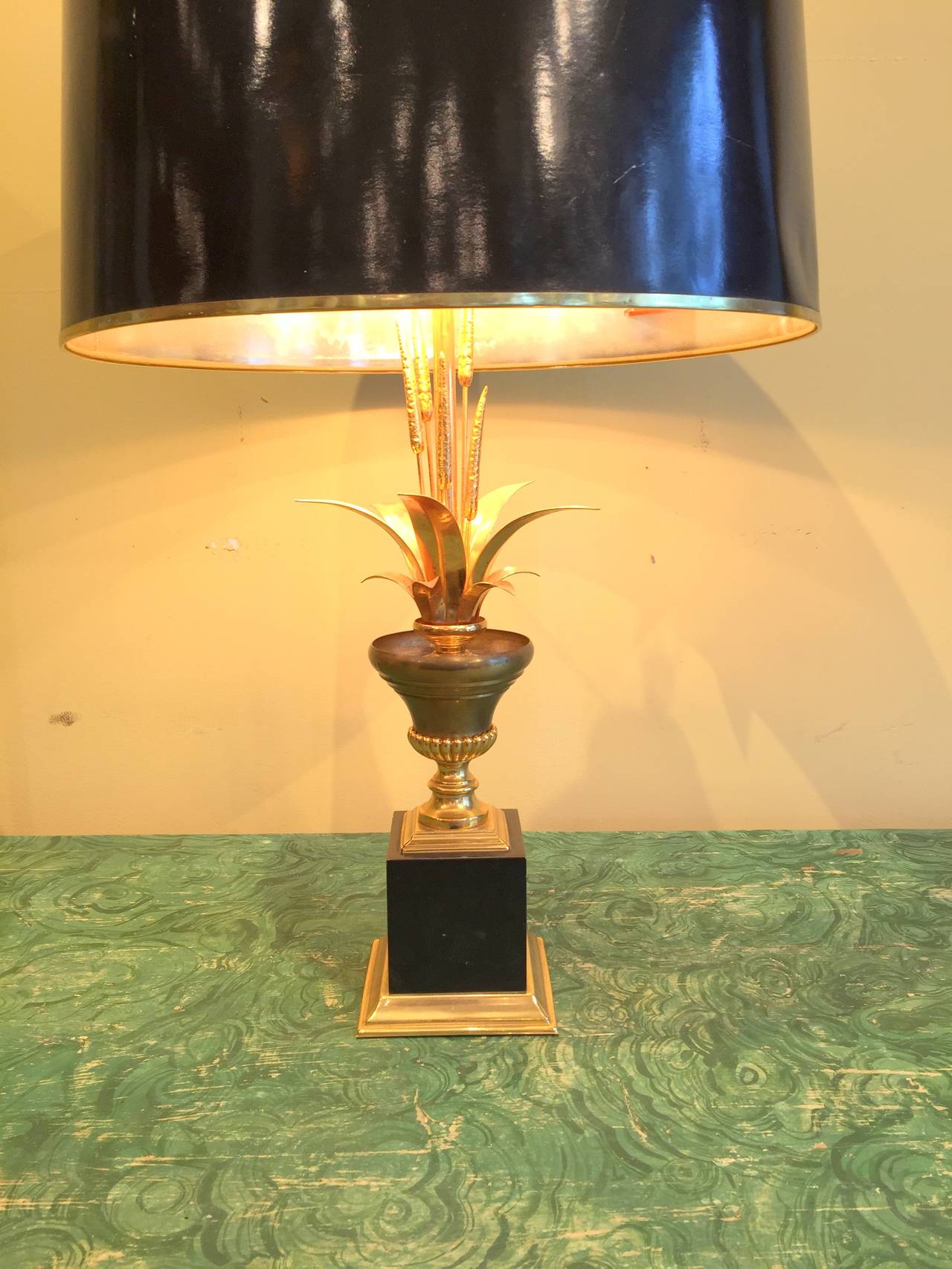 Vintage Maison Jansen French brass table lamp with black shade.
Shade is 16.50
