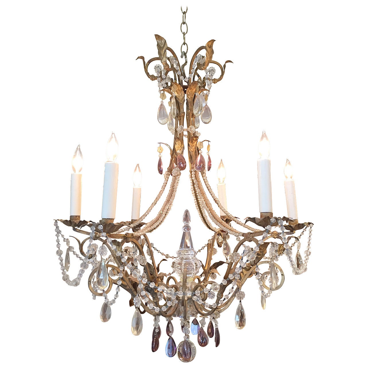 19th Century Italian Gilt Iron, Tole and Crystal Chandelier For Sale