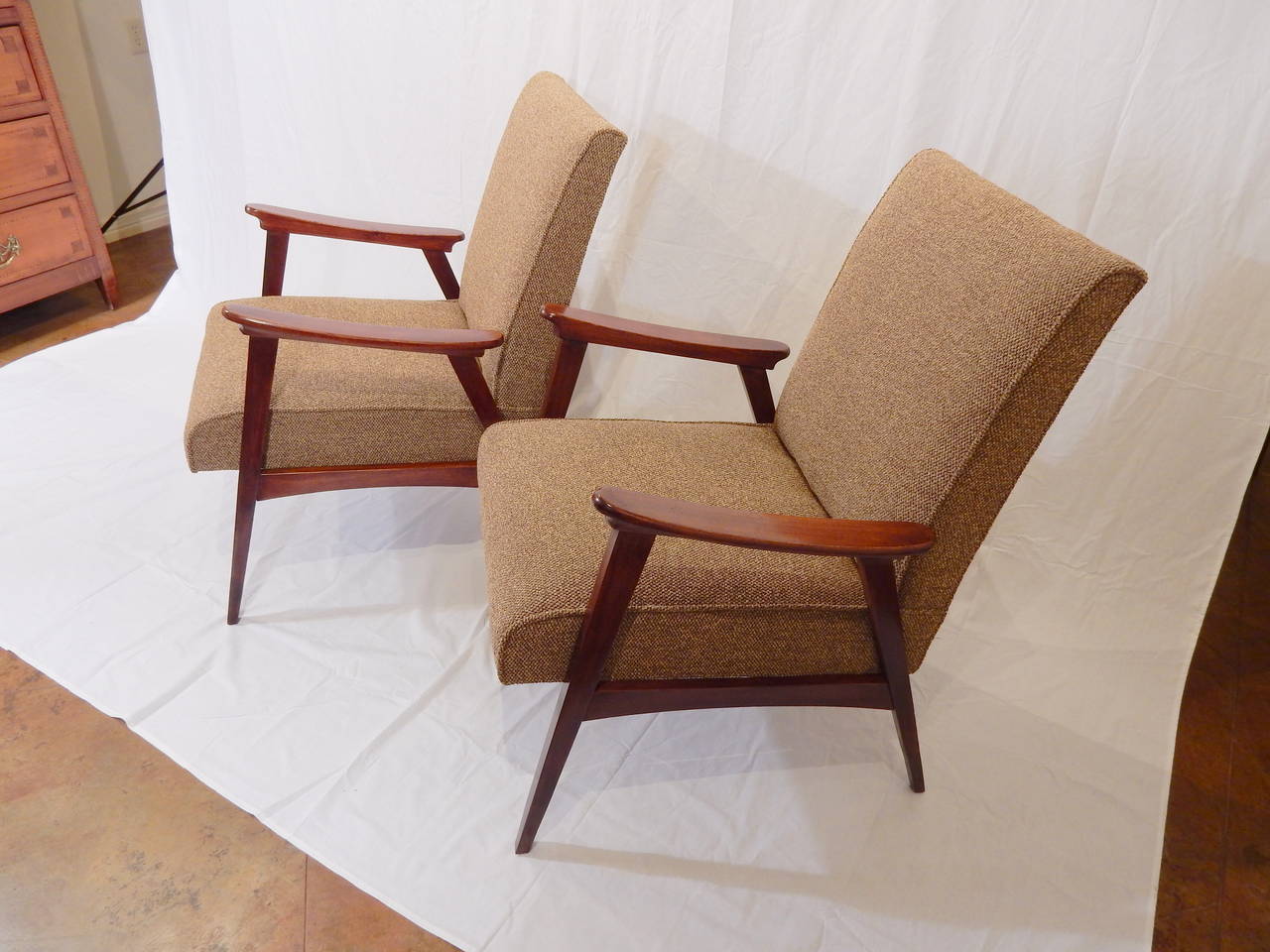 Pair of vintage armchairs, French, 1950s. New fabric, webbing and foam. Carefully restored.