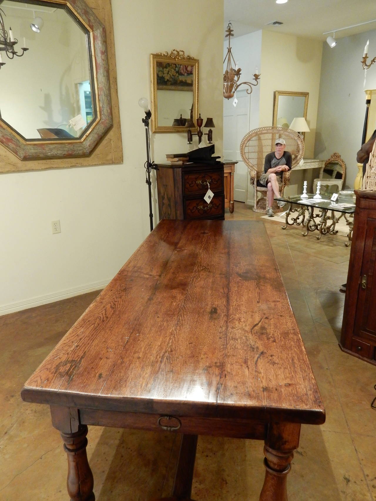 French 19th century chestnut farm table. Slide extension and one draw. Very nice shaped stretcher. Warm patina.  24