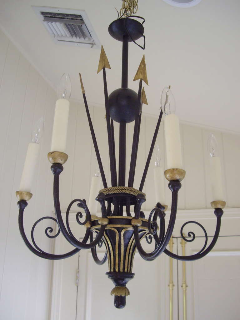 Elegant French Empire style painted metal six light chandelier. Very nice detailed arrows.