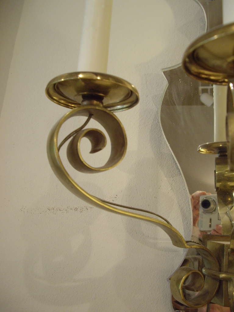Pair of Quality Three Light French Brass and Mirror Sconces For Sale 2