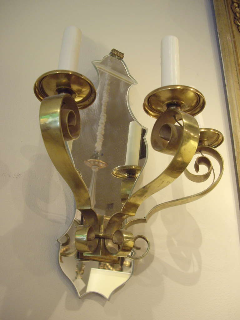 Pair of Quality Three Light French Brass and Mirror Sconces For Sale 3