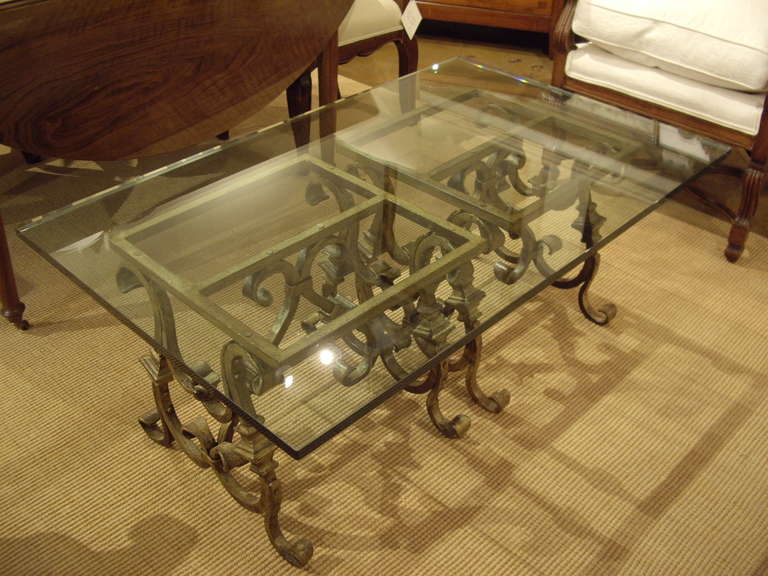 Fine quality Italian vintage Rococo wrought iron bases with glass top coffee table.