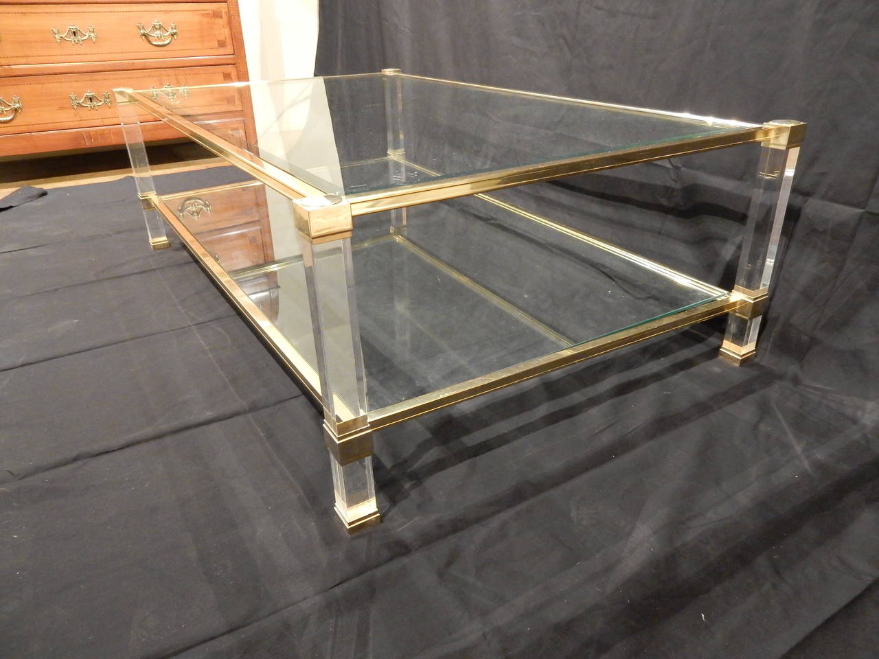 Vintage Vandel brass coffee table. Top with bevelled glass, bottom shelf with plain glass.