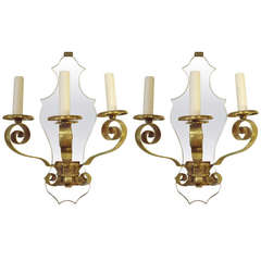 Pair of Quality Three Light French Brass and Mirror Sconces