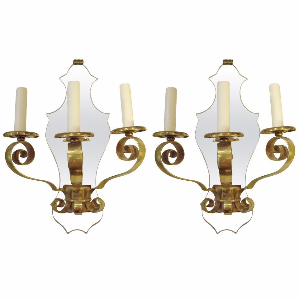 Pair of Quality Three Light French Brass and Mirror Sconces For Sale