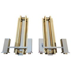 Pair of French Mid-Century Modern Brass and Chrome Sconces