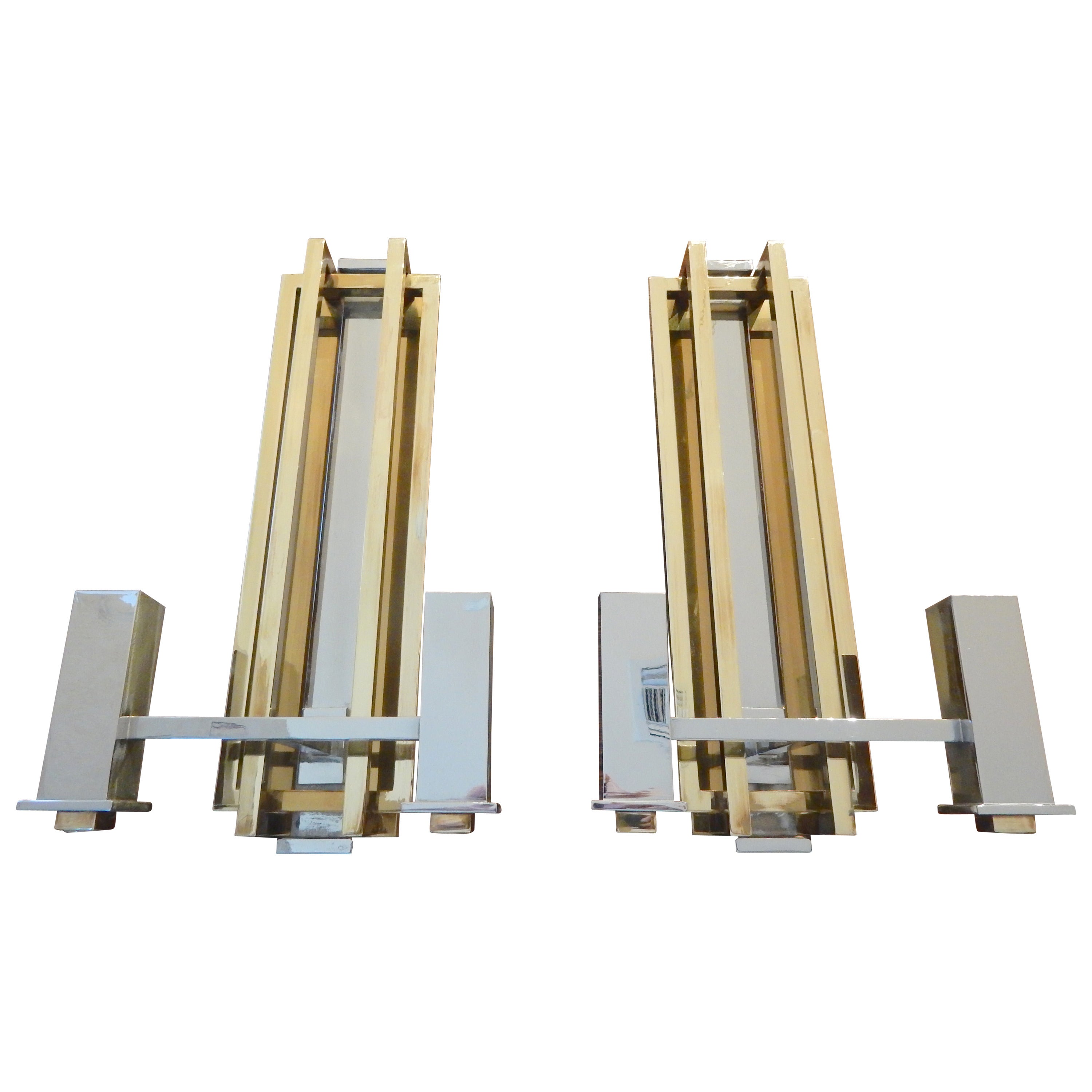Pair of French Mid-Century Modern Brass and Chrome Sconces